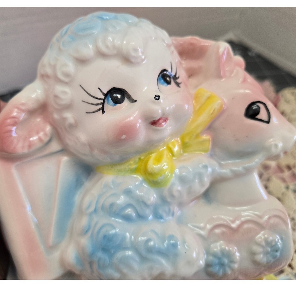 Vintage Lamb Rocking Horse Planter Nursery ABC Blocks Pink Blue - Picture 8 of 9
